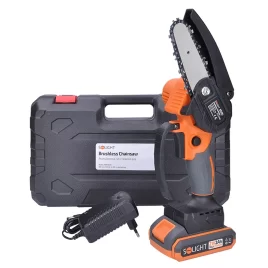 Aku řetězová pila Solight RNP100A1 s příslušenstvím a praktickým kufrem – lišta 127 mm – 21 V