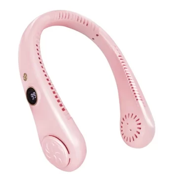 XINGHUA Přenosný dobíjecí ventilátor na krk s 5 rychlostmi a LED displejem – růžový