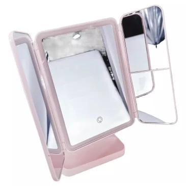 Kosmetické zrcátko NZ-911 s LED svícením a 360° otáčením – růžové