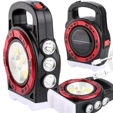 VERK Přenosná dobíjecí solární LED svítilna HB-6678C s funkcí powerbanky – červená