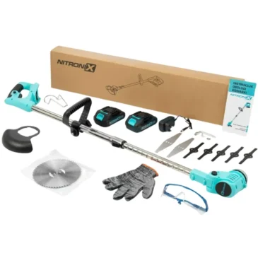 Akumulátorový křovinořez NITRONIX + 2x baterie + nože + kotouč + příslušenství + ochranné pomůcky