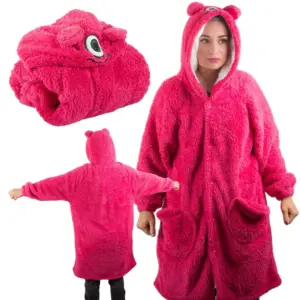 Teplá televizní deka s rukávy, kapucí a knoflíky - pink