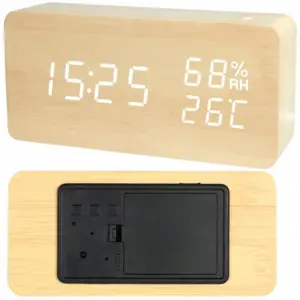 Elektronický budík s teploměrem a vlhkoměrem VERK - USB - dřevěný dekor