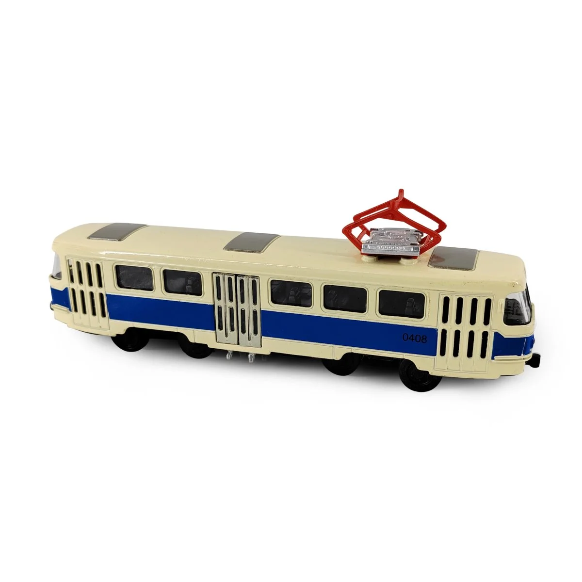 Kovová česká retro tramvaj Tatra T3 s otevíracími středními dveřmi - 16 cm - modrá
